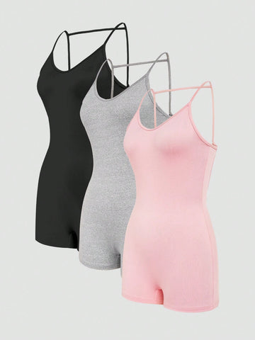 Women's Summer Solid Color Backless Tight Jumpsuit With Spaghetti Straps