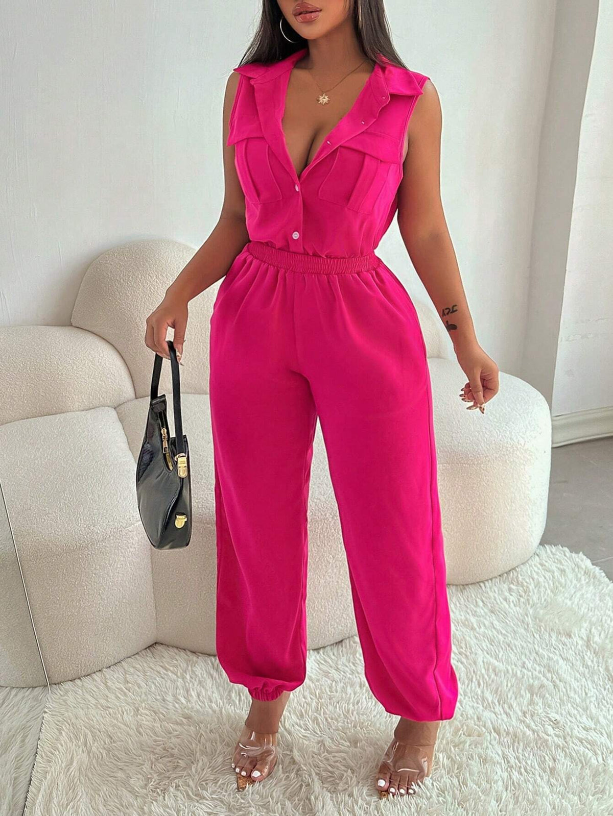 Women's Summer Solid Color Cargo Pockets Button Placket Sleeveless Casual Jumpsuit