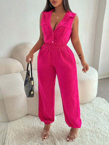 Women's Summer Solid Color Cargo Pockets Button Placket Sleeveless Casual Jumpsuit