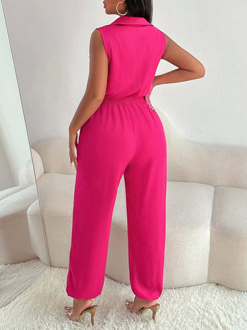 Women's Summer Solid Color Cargo Pockets Button Placket Sleeveless Casual Jumpsuit