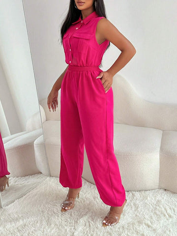 Women's Summer Solid Color Cargo Pockets Button Placket Sleeveless Casual Jumpsuit
