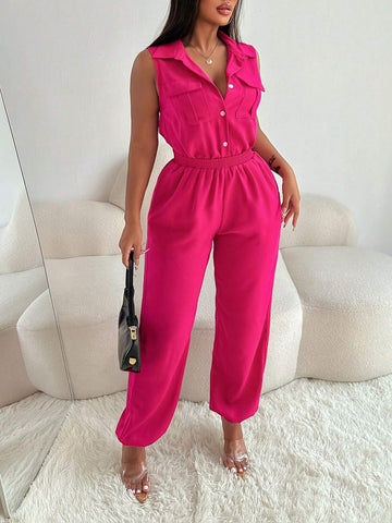 Women's Summer Solid Color Cargo Pockets Button Placket Sleeveless Casual Jumpsuit