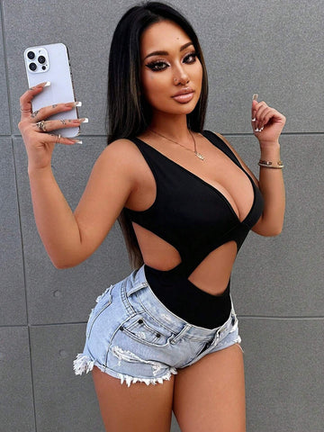 Women's Summer Solid Color Deep V-Neck Backless High Waist Bodysuit