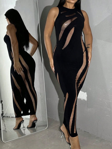 Women's Summer Solid Color Round Neck Slim Sexy Dress With Distressed Holes