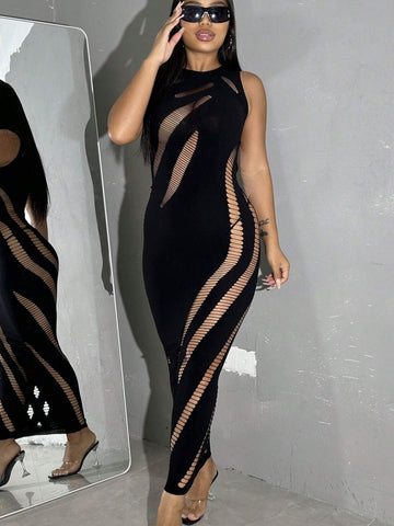Women's Summer Solid Color Round Neck Slim Sexy Dress With Distressed Holes