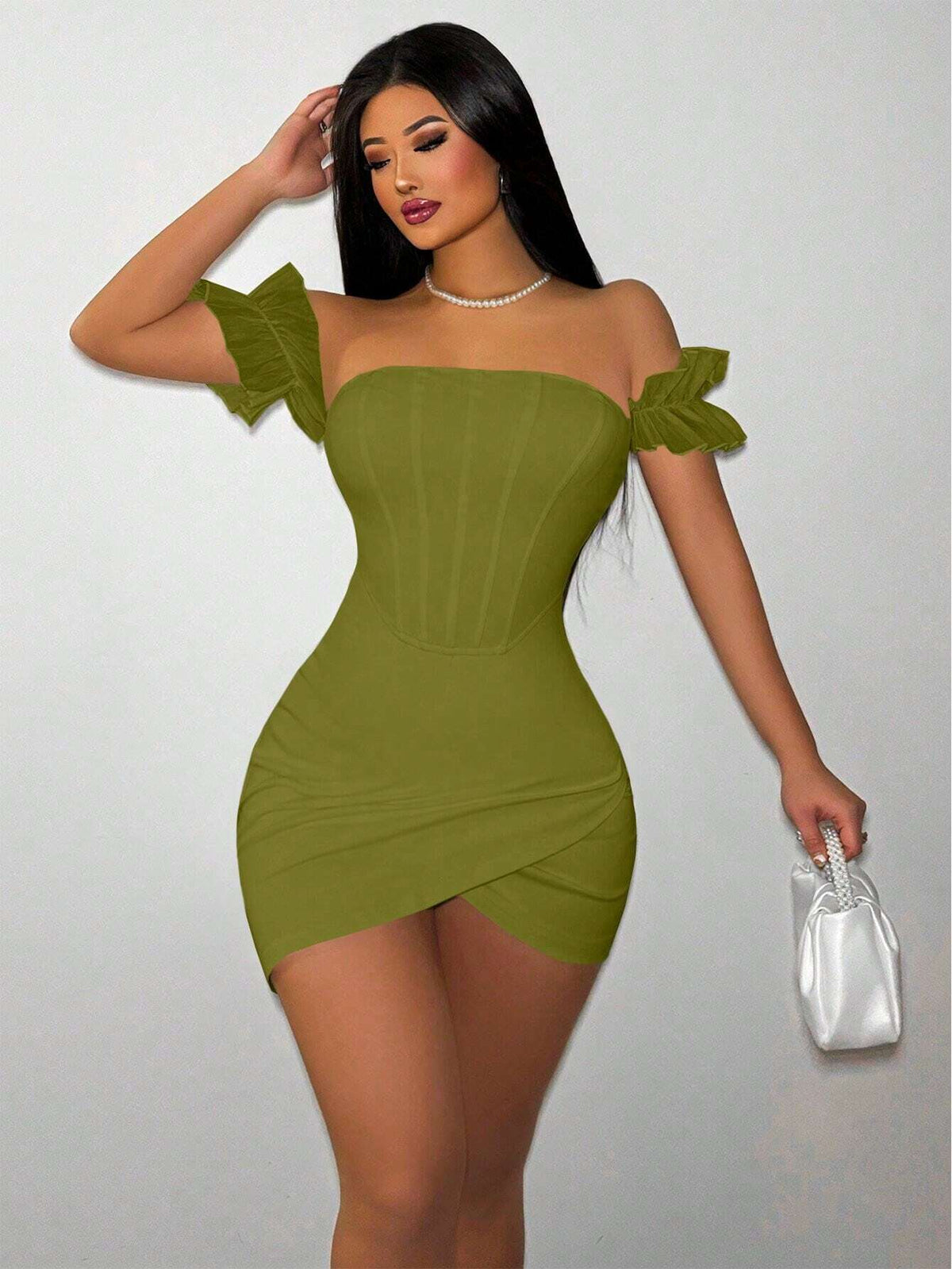 Women's Summer Solid Off Shoulder Wrap Hem Fitted Elegant Dress