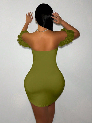 Women's Summer Solid Off Shoulder Wrap Hem Fitted Elegant Dress