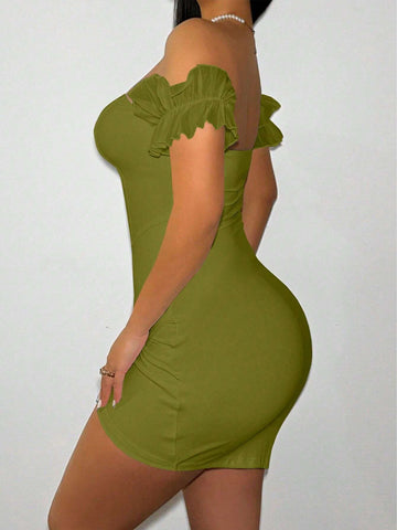 Women's Summer Solid Off Shoulder Wrap Hem Fitted Elegant Dress