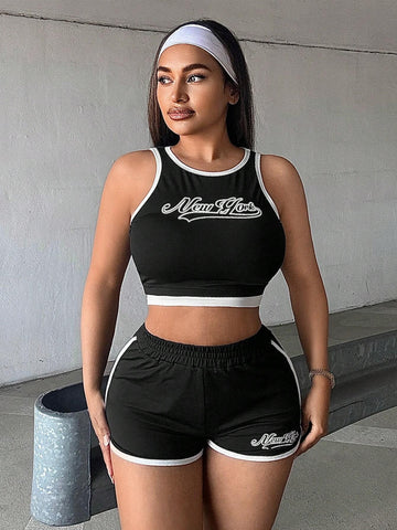Women's Summer Sporty Casual Sexy Letter Print Crop Top And Shorts Black & White Two Piece Set