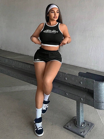 Women's Summer Sporty Casual Sexy Letter Print Crop Top And Shorts Black & White Two Piece Set