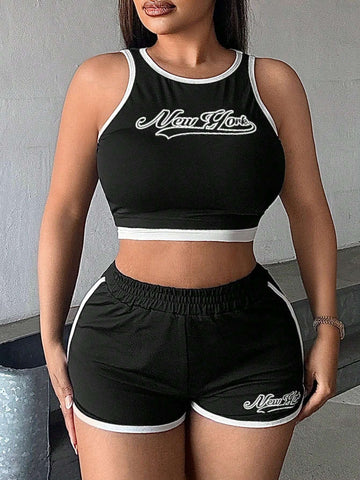 Women's Summer Sporty Casual Sexy Letter Print Crop Top And Shorts Black & White Two Piece Set