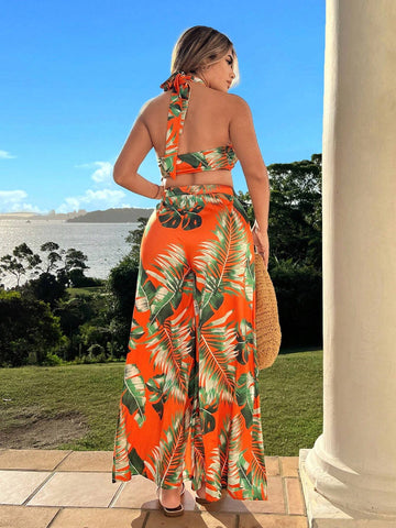 Women's Summer Vacation Sexy Tropical Print Halter Cross Front Hollow Out High Slit Tie Back Sleeveless Wide Leg Jumpsuit