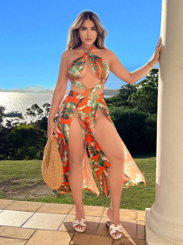 Women's Summer Vacation Sexy Tropical Print Halter Cross Front Hollow Out High Slit Tie Back Sleeveless Wide Leg Jumpsuit