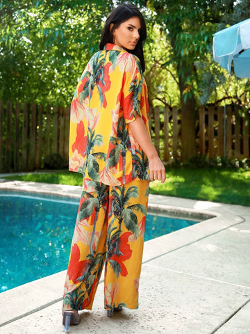 Women's Summer Vacation Style Tropical Plant Printed Short Sleeve Shirt And Wide Leg Pants 2 Piece Outfit