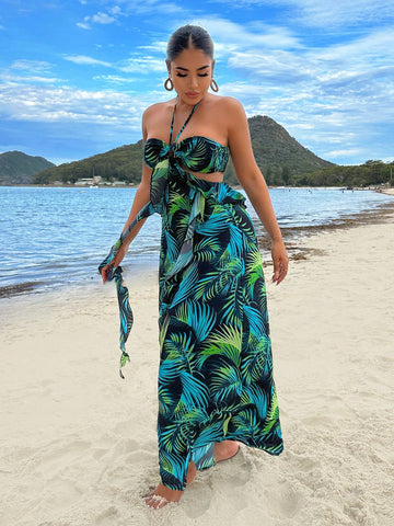 Women's Tropical Plant Print Halter Neck Tie-Waist Cutout Maxi Dress For Vacation