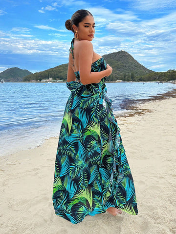 Women's Tropical Plant Print Halter Neck Tie-Waist Cutout Maxi Dress For Vacation
