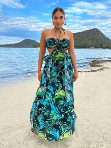 Women's Tropical Plant Print Halter Neck Tie-Waist Cutout Maxi Dress For Vacation