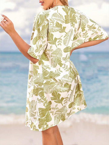 Women's Tropical Plant Printed Jumpsuit With Spaghetti Strap And Short Sleeve Open Front Coat 2pcs/Set Summer Two Piece Outfits