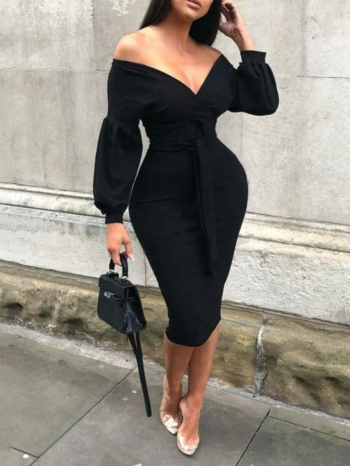Women's V-Neck Bodycon Long Sleeve Midi Dress, Slimming