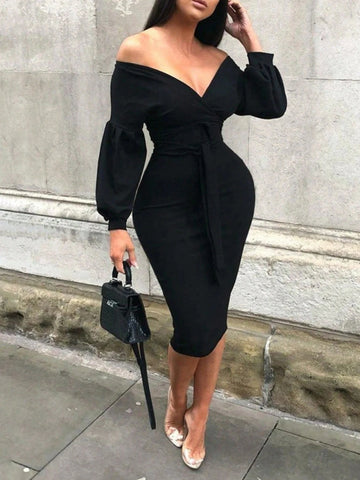 Women's V-Neck Bodycon Long Sleeve Midi Dress, Slimming