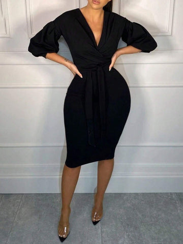 Women's V-Neck Bodycon Long Sleeve Midi Dress, Slimming
