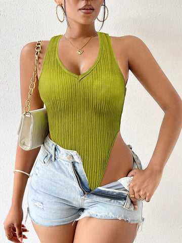 Women's V-Neck Hollow Out Solid Color Ribbed Bodysuit, Summer Sleeveless