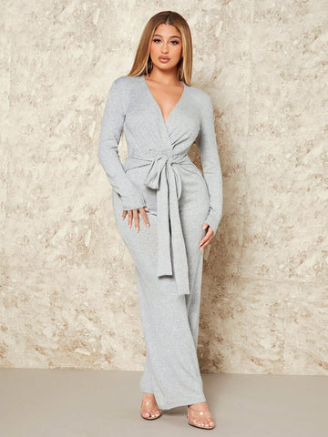 Women's V-neck Self-tie Wide Leg Jumpsuit