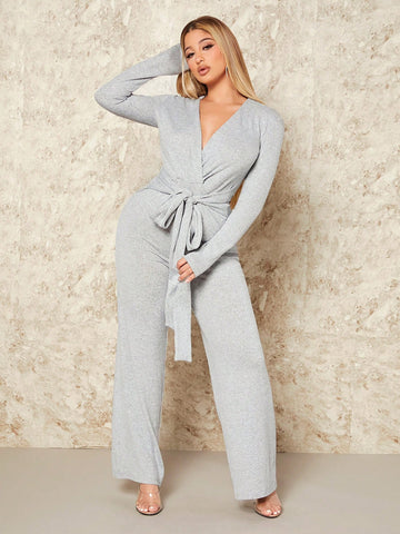 Women's V-neck Self-tie Wide Leg Jumpsuit