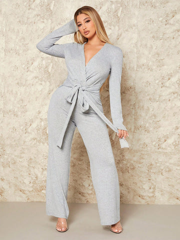 Women's V-neck Self-tie Wide Leg Jumpsuit