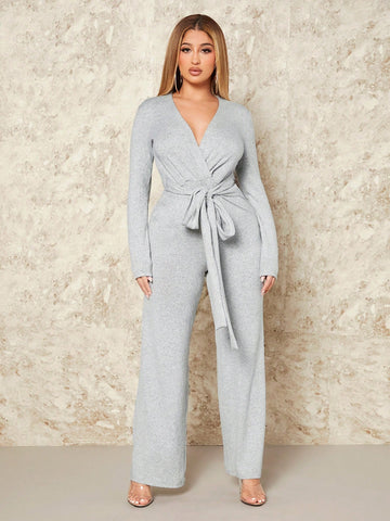 Women's V-neck Self-tie Wide Leg Jumpsuit