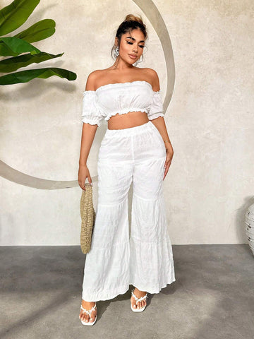 Women's Vacation Off-Shoulder Ruffle Hem Cropped Top And High Waist Layered Pants Set