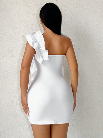 SXY Women's Valentine's Day Dress, One-Shoulder Ruffle Trimmed Fitted Mini Dress