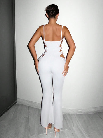 Women's White Sexy Cross Back Bandage Cami Jumpsuit With Waist Cut-Out