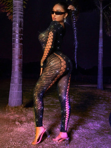 Women's Zebra Pattern Rhinestone Decor Hollow Out See Through Mesh Bodysuit Jumpsuit