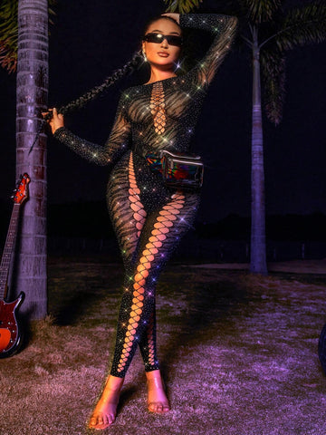 Women's Zebra Pattern Rhinestone Decor Hollow Out See Through Mesh Bodysuit Jumpsuit
