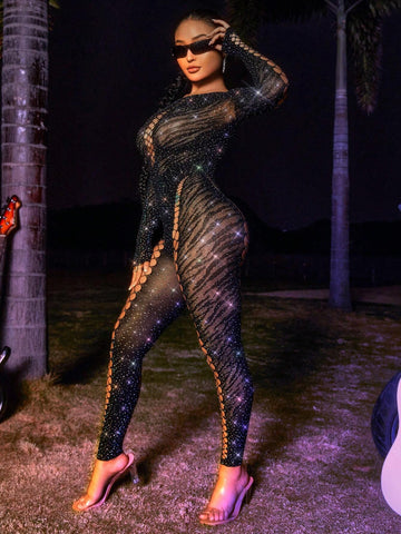 Women's Zebra Pattern Rhinestone Decor Hollow Out See Through Mesh Bodysuit Jumpsuit