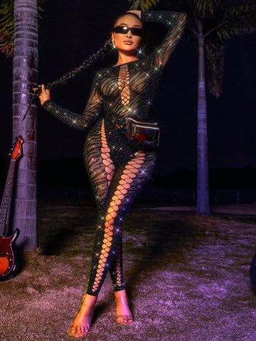 Women's Zebra Pattern Rhinestone Decor Hollow Out See Through Mesh Bodysuit Jumpsuit