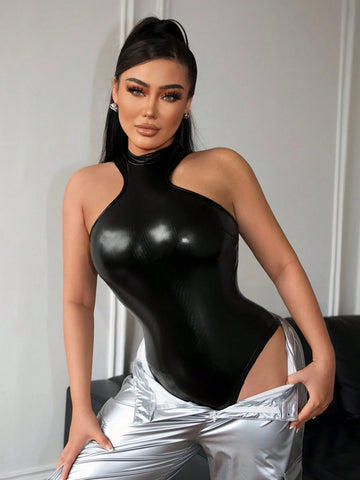 Sexy PU Fitted Sleeveless Casual Women Bodysuit