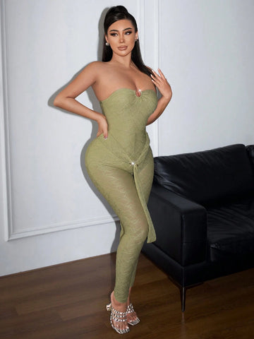Women Summer Party Dress Sexy Strapless Tight Jumpsuit With Rounded Arc