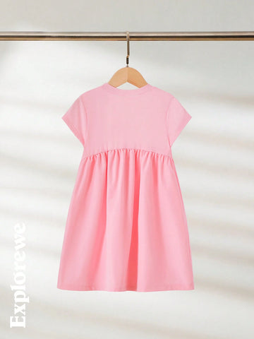 Simple Solid Color Casual Short Sleeve Dress For Young Girls, Fashionable Everyday Wear