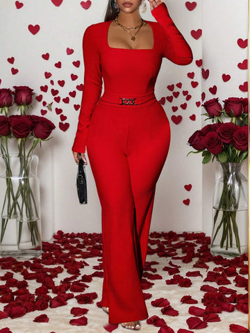 2024 Autumn/Winter New Christmas Red & Valentine's Occasion Metal Chain Decor Minimalist Women Jumpsuit