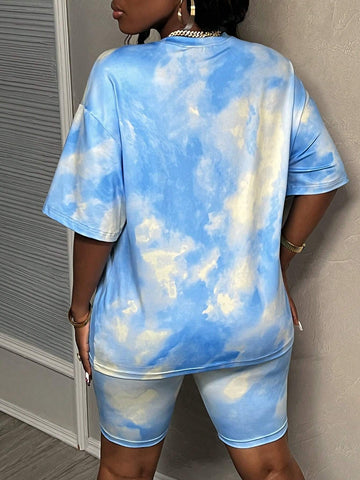 2024 Casual Wide-Fit Tie-Dye Printed Solid Drop Shoulder T-Shirt & Biker Shorts Women's 2pcs Set - Z