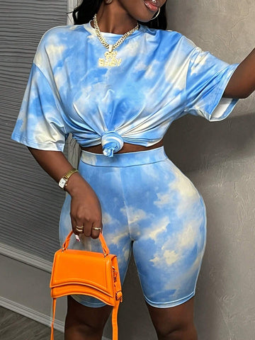 2024 Casual Wide-Fit Tie-Dye Printed Solid Drop Shoulder T-Shirt & Biker Shorts Women's 2pcs Set - Z