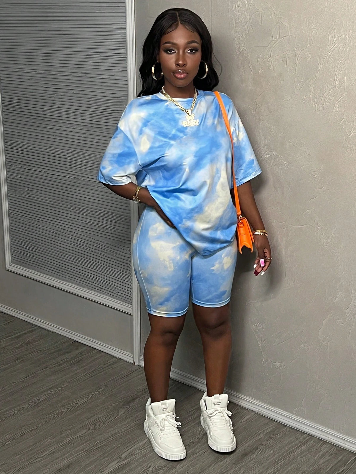 2024 Casual Wide-Fit Tie-Dye Printed Solid Drop Shoulder T-Shirt & Biker Shorts Women's 2pcs Set - Z