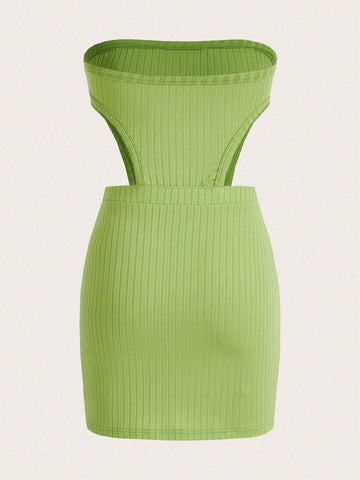 2024 Hollow Out Ribbed, Solid Color, Slim-Fit, Mini Bandeau Dress For Women