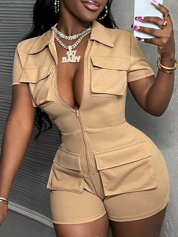 2024 Music Festival Casual Streetwear Front And Center Zipper Tight Sexy Short Sleeve Jumpsuit Unitard With Large Pockets For Women - D
