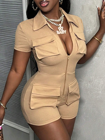 2024 Music Festival Casual Streetwear Front And Center Zipper Tight Sexy Short Sleeve Jumpsuit Unitard With Large Pockets For Women - D