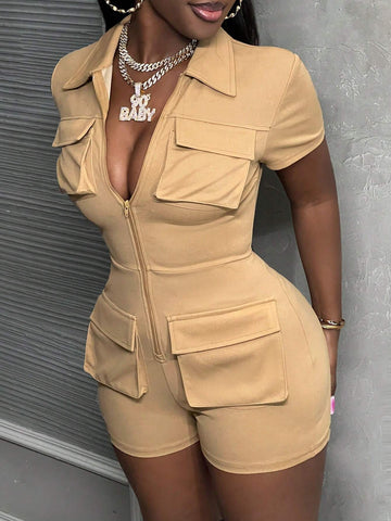 2024 Music Festival Casual Streetwear Front And Center Zipper Tight Sexy Short Sleeve Jumpsuit Unitard With Large Pockets For Women - D