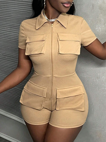 2024 Music Festival Casual Streetwear Front And Center Zipper Tight Sexy Short Sleeve Jumpsuit Unitard With Large Pockets For Women - D