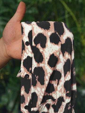 2024 New Arrival Casual Street Style Sexy Leopard Jumpsuit For Women, Elegant And Chic Long Straight-Leg Trousers, Suitable For Clubbing And Parties, Featuring Buttoned Collar, Waist Belt, And Pockets